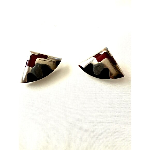 Vintage Taxco Sterling Silver TC-14 Signed Onyx  Carnelian Inlay Post Earrings - Picture 2 of 5
